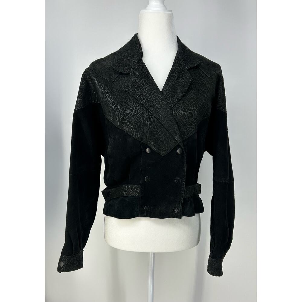 Vintage 80s G III G3 Black Suede Double Breasted Cropped Jacket Embossed Size S